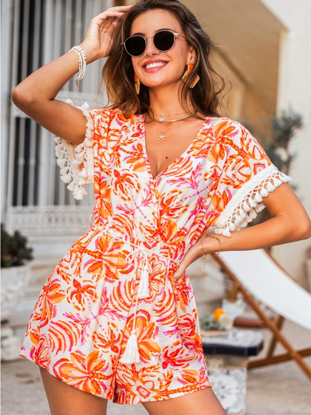 Cupshe Orange & Pink Tropical Tassel Romper